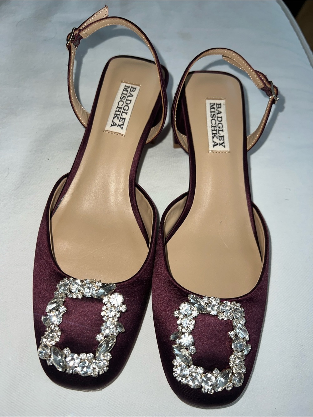 Badgley Mischka Plum Satin Slingback Heels with Crystal Buckles